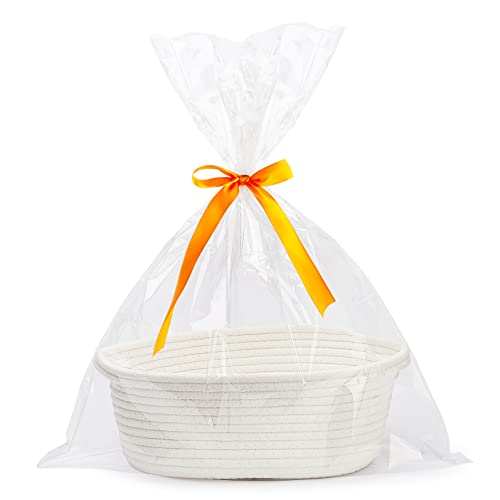 Pro Goleem Small Woven Basket with Gift Bags and Ribbons Durable Baskets for Christmas Gifts Empty Small Rope Basket for Storage 12"X 8" X 5" Baby Toy Basket with Handles, White