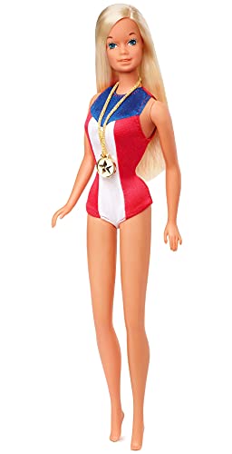 Barbie 1975 Gold Medal Doll Reproduction, Wearing Olympics-Themed One-Piece and Gold Medal Accessory. with Doll Stand and Certificate of Authenticity, Gift for Collectors