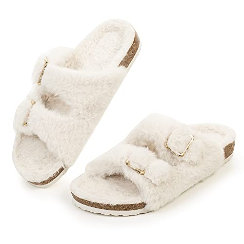 FITORY Womens Open Toe Slipper with Cozy Lining,Faux Rabbit Fur Cork Slide Sandals Beige Size 6