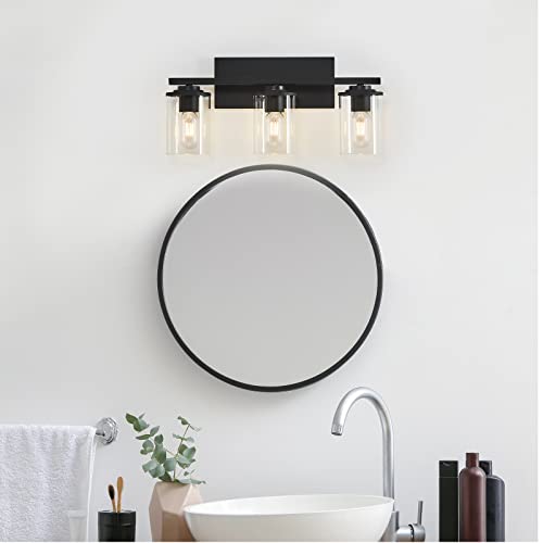 3 Light Bathroom Light Fixtures, Modern Black Wall Sconce Vanity Light Fixtures with Clear Shade for Bathroom Kitchen Bedroom Lighting