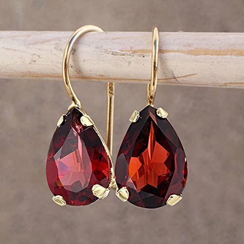 14K Gold Red Garnet Earrings - 14K Solid Yellow Gold Dangle Drop Earrings, January Birthstone, 7x10mm Dark Red Genuine Garnet Natural Real Gemstone, Perfect Dainty Handmade Gift for Minimalist Women