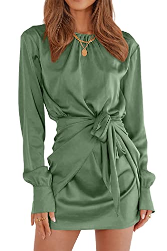 PRETTYGARDEN Women's 2023 Fall Satin Dress Long Sleeve Tie Waist Elegant Cocktail Party Mini Dresses (Army Green,Small)