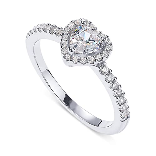 PAVOI 14K Gold Plated Heart Halo Ring for Women | Promise Rings for Her (White Gold, 9)