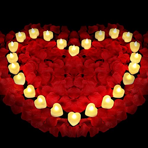 Red Rose Petals Set, 1000 Pieces Artificial Rose Petals with 24 Pieces LED Tea Lights Candles, Rose Petals for Romantic Night for Her set, Proposal Decorations for Women, Wedding, Bedroom, Anniversary