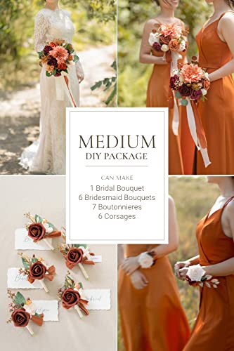 Ling's Moment DIY Package for Wedding Personal Flowers Design,Terracotta Theme Flowers and Greenery Can Make 11" Bridal Bouquet×1, 7" Bridesmaid Bouquet×6,Boutonnieres×7,Corsages×6