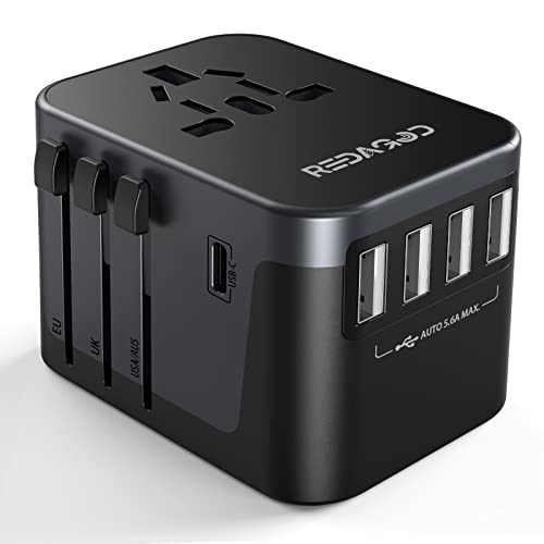 Universal Travel Adapter, Redagod International Adaptor 4 USB A 1 USB C Ports, AC Power Plug Adapter All-in-one Travel Charger Outlet Converter for Europe UK AUS Asia Japan Covers 200+Countries