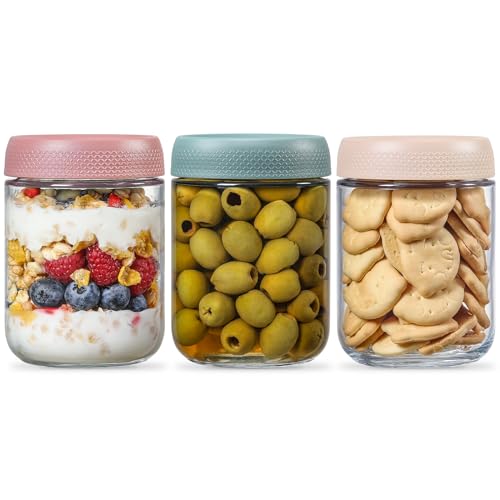 NETANY 3-pack 16oz Glass jars with Airtight Lids, Overnight Oats Containers with Lids, Wide mouth Mason Salad jars, Glass Food Storage Containers for Snacks Yogurt Spice Sugar