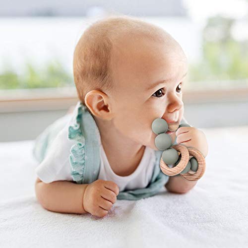 Baby Teething Toy, Organic Baby Teething Ring, Socub Silicone and Wooden Baby Teether for Mouth Explore, BPA Free, 3+ Months, Sage