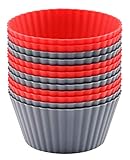 Mirenlife 12 Pack Reusable Nonstick Jumbo Silicone Baking Cups, Cupcake and Muffin Liners, 3.8 Inch Large Size, in Storage Container, Red and Gray Colors, Round