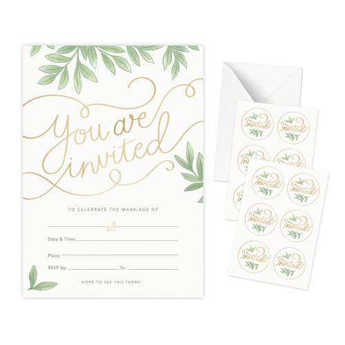 Rileys & Co 50 Pack Wedding Invitation Cards with Envelopes, Bonus Stickers Included, Gold Foil Print and Leaf Design, 5x7 Inches, Wedding Invitations with Envelopes and RSVP Cards