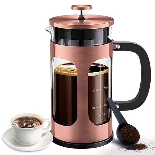 BAYKA 34 Ounce 1 Liter French Press Coffee Maker, Heat Resistant Thickened Borosilicate Glass Stainless Steel Coffee Press, Cold Brew Coffee Pot Tea Press for Kitchen Travel Camping, Copper