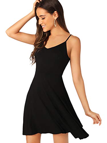 Verdusa Women's Adjustable Spaghetti Straps V Neck Flared Cami Slip Dress Black S