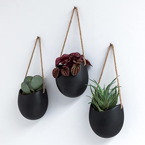 Kazai. Wall Planters -Ellie- | Hanging Ceramic Plant Pots 3 Pieces | Wall Decoration for Indoors, Balcony and Garden | Black (Matte)