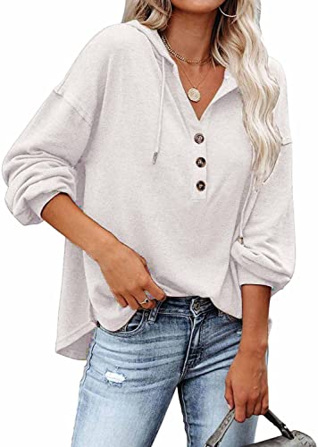 REVETRO Womens V Neck Hoodies Long Sleeve Tunic Top Button Down Henley Oversized Shirt Drawstring Sweatshirt Blouses White Medium