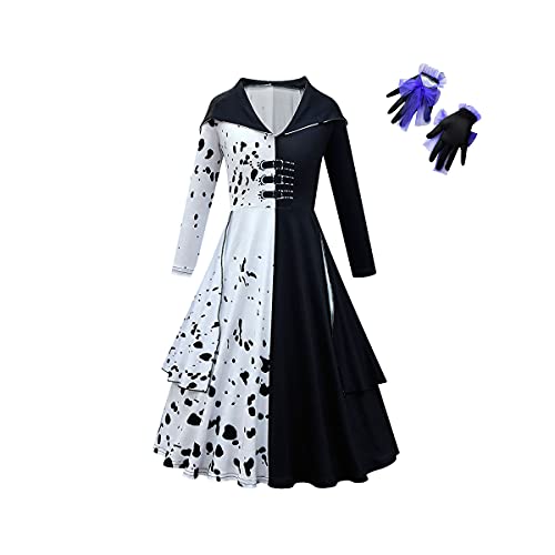 Costumes for Girls Cruella Deville Cosplay Party Dresses Long Sleeve Cute Role Play Outfits Set Girls Fashion Dress Up with Gloves Birthday Xmas Gift Black 150cm