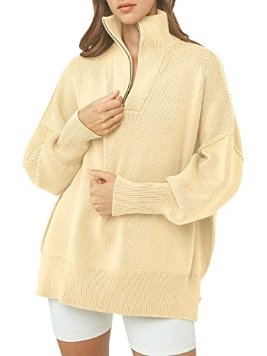 ANRABESS Women's Quarter Zip Pullover Oversized Sweater Half Zip Long Sleeve Casual Chunky Knit Soft 2023 Trendy Fall Fashion Outfits Winter Clothes 566mibai-XS Apricot