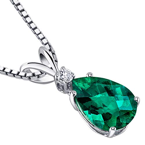 Peora Created Emerald with Genuine Diamond Pendant in 14K White Gold, Elegant Teardrop Solitaire, Pear Shape, 10x7mm, 1.75 Carats total