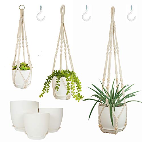 Bouqlife Macrame Plant Hangers with Pots Included No Tassel Set of 3 Indoor Hanging Planters Holder with Trays & Hooks 34" / 26" / 20"