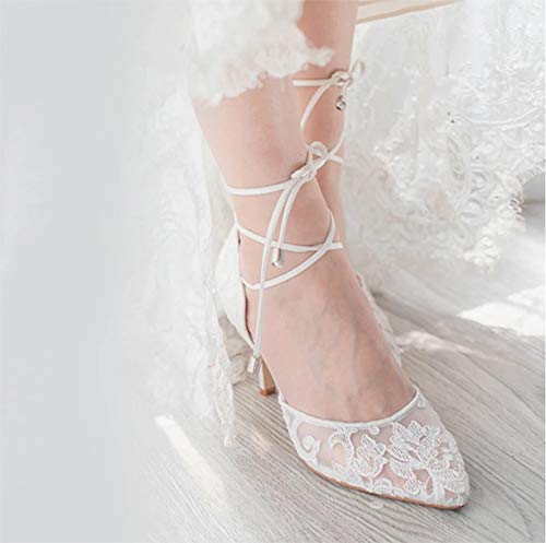 ERIJUNOR E2374 Ivory Lace Mesh Satin Bridal Wedding Shoes for Women Comfortable Mid Heel Tie Up Ankle Strap Pointy Toe Pumps Ivory Size 8