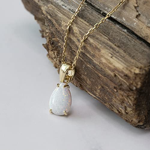 White Opal Necklace in 14k Yellow Gold Plated - Dainty Teardrop Pendant, 7x10mm October Birthstone Opal Gemstone - Handmade Bridal Wedding Jewelry for Brides and Classy Women