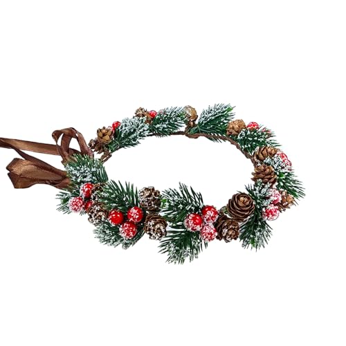 MEMOVAN Christmas Flower Crown Christmas Red Berry Stems Spray Pine Cone Holly Stem Hair Wreath Floral Headpiece Halo Headband Winter Holiday Tiara for Women Girl Xmas Holiday Decoration