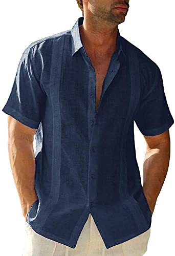 Hestenve Mens Short Sleeve Cuban Camp Guayabera Shirt Cotton Hippie Beach Button Down Shirts Navy