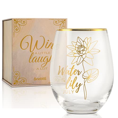 Birthday Month Flower Wine Glass, Birth Flower Gifts for Her, Unique Birthday Presents for Women, Mum, Wife, Girlfriend, Daughter, Best Friend - 17Oz Stemless Wine Glass (July, Water Lily)