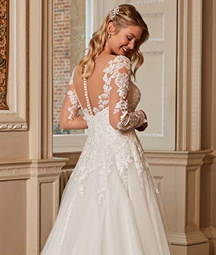 SYYS Sexy Quality Lace Ball Gown Long Sleeve Wedding Dress 2021 2020 Bride Dresses with Train Lace Bottom Ivory 18W, A ivory, 18 Plus