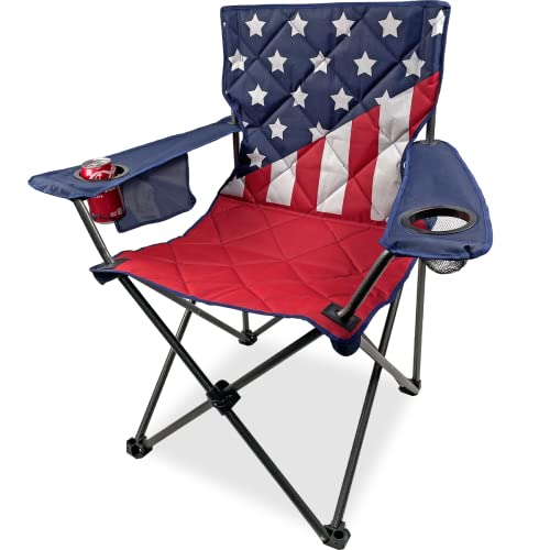 Black Sierra XL Patriotic US Flag Quad Chair, for Camping, Beach Chair, Lawn Chair, Steel Frame Supports 300 lbs