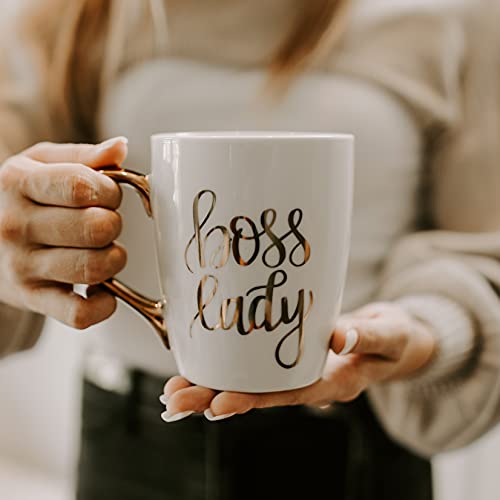 Sweet Water Decor Boss Lady Coffee Mugs with Golden Handle | 16oz China Coffee Cup with Quote | Embellished with Real Gold & Microwave Safe | For Working Women, Offices, Bosses & Managers (Boss Lady)