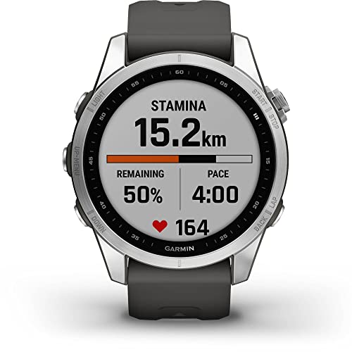 Garmin fenix 7S, smaller sized adventure smartwatch, rugged outdoor watch with GPS, touchscreen, health and wellness features, silver with graphite band, 010-02539-00