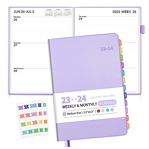 SUNEE Weekly Planner 2023-2024 5.5"x8.3" Weekly & Monthly Daily - from July 2023 - June 2024, A5 Size Calendar Academic Year Planner, Hardcover, Pocket, 100 GSM Paper, Monthly Sticker (Purple, A5)