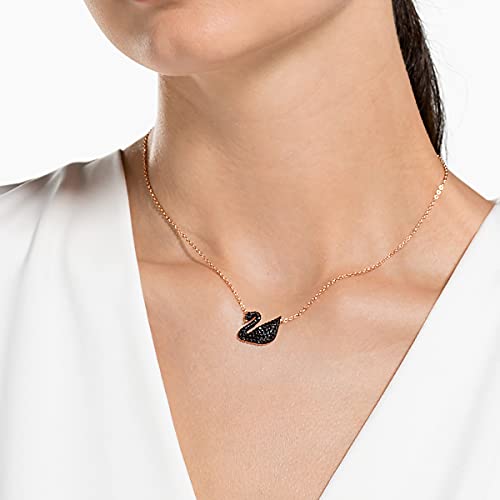 SWAROVSKI Women's Iconic Swan Rose-gold Finish Pendant Necklace, Black Crystal