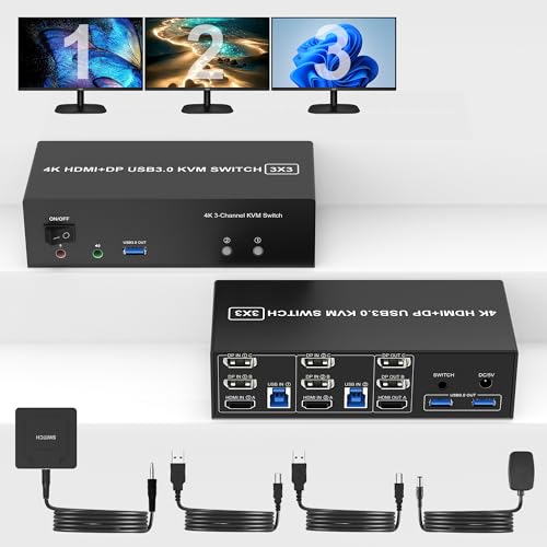 Triple Monitors KVM Switch 2 Displayport + HDMI 4K@60Hz 3 Monitors KVM Switch with Audio Microphone Output and 3 USB 3.0 Ports, 2 Computers Share 3 Monitors Support Extended & Copy Mode