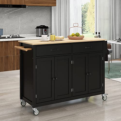 Tmosi Rolling Mobile Kitchen Island with Storage On Wheels,Kitchen Cart with 2 Locking Wheels,Kitchen Island Cart with Solid Wood Top,2 Cabinet,Spice Rack and Towel Rack (Black)