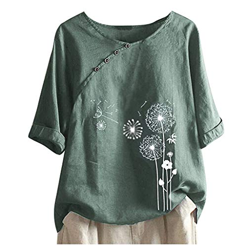 Cotton Linen Shirts for Women 3/4 Sleeve Vintage Dandelion Printed Blouses Crew Neck Button Down Plus Size Tops