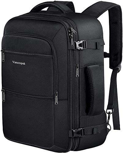 Vancropak Travel Backpack, 40L Flight Approved Carry On Backpack for Men & Women, Expandable Large Luggage Backpack Daypack Water Resistant Lightweight Business Weekender Bag, Black