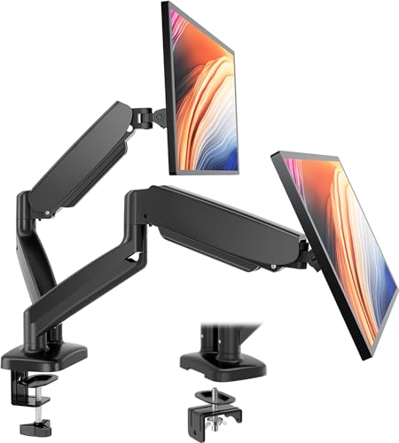 Sweetcrispy Dual Monitor Stand Arm, Gas Spring 2 Monitor Desk Mount Adjustable Height Swivel VESA Bracket with Clamp and Grommet Base Fits 13-32 inch Computer Screen, Hold 17.6lb