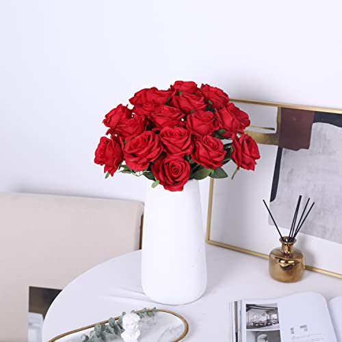 JUSTOYOU 10 PCS Artificial Red Roses Flowers for Valentine's Day, Realistic Blossom Roses, Real Touch Silk Rose, Single Fake Flower Long Stem Bouquets for Home Wedding Party Decoration (10Pcs, Red)