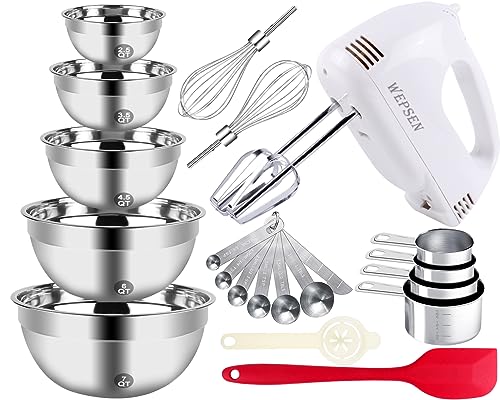 5-Speed Electric Hand Mixer, 5 Large Mixing Bowls Set, Handheld Mixers with Whisks Beater, Stainless Steel Metal Nesting Mixing Bowl Measuring Cups Spoons Kitchen Cake Blender for Prep Baking Supplies