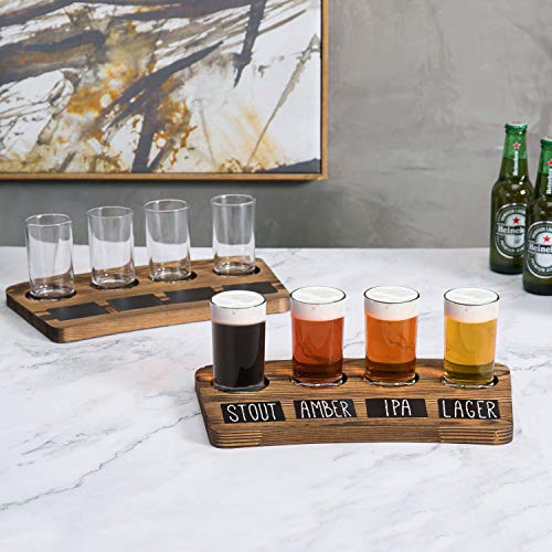 MyGift 4-Glass Dark Brown Wood Beer Flight Sampler Serving Tray with Chalkboard Labels, Set of 2