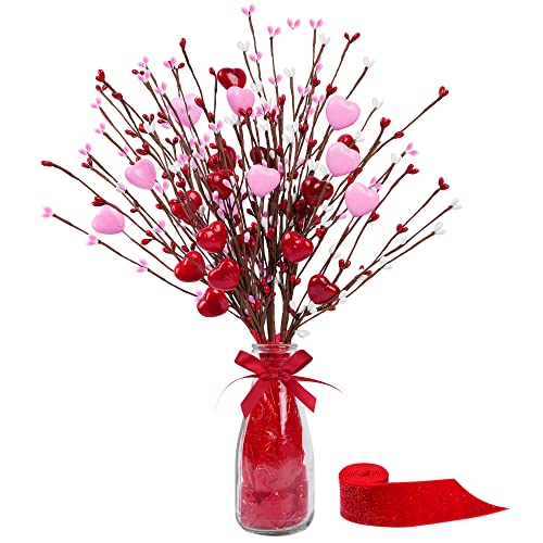 Shitailu Valentine’s Day Gifts, Artificial Red Berry Flower Stems Heart Shaped Berry Picks 4 Pcs for Valentine’s Day, Mother’s Day Christmas, Wedding, Propose(NO VASE)