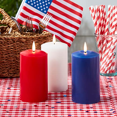 Lights4fun, Inc. Set of 3 TruGlow Patriotic Red, White & Blue Wax Flameless LED Battery Operated Pillar Candles with Remote Control