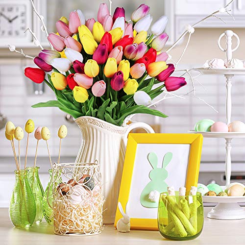 28 Pcs Multicolor Tulips Artificial Flowers Faux Tulip Stems Real Feel PU Tulips for Easter Spring Wreath Wedding Bouquet Centerpiece Floral Arrangement Cemetery Table Décor 14" Tall