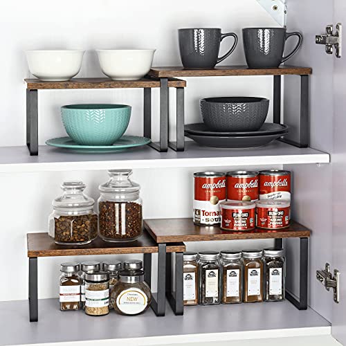 Set of 4 Counter Shelves Kitchen Stackable Cabinet Shelf Wood Organizer Expandable Counter Top Racks Brown Bathroom Counter organizer