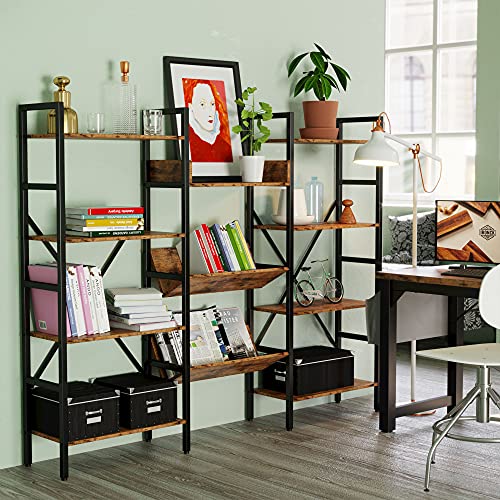 IRONCK Bookcases and Bookshelves Triple Wide 4 Tiers Industrial Bookshelf, Large Etagere Bookshelf Open Record Player Shleves with Metal Frame for Living Room Home Office