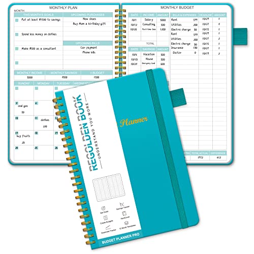 Regolden-Book Budget Planner - Undated Monthly Budget Book with Pockets, Expense Tracker Notebook Hardcover, Financial Planner & Accounts Book to Manage Your Money Effectively. 12 Months, A5, Teal