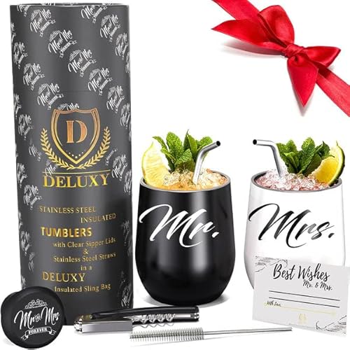 DELUXY Mr and Mrs Wine Tumblers - Gift For Couple, Wedding Gifts For Husband & Wife, Bridal Shower Gift For Bride, Wedding Gift For Couple Unique, Anniversary, His and Hers,