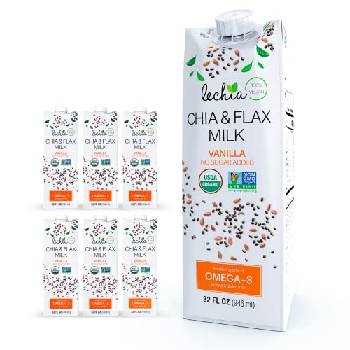 Lechia – Chia & Flax Milk, Vanilla No Sugar, 32oz (Pack of 6), Free of: Nuts, Soy, Gluten, Lactose, Carrageenan | USDA Organic | Non-GMO | Fiber | Calcium | Omega-3 | Shelf Stable | Keto | Sugar Free