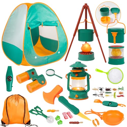 Meland Kids Camping Set with Tent 30pcs - Outdoor Campfire Toy Set for Toddlers Kids Boys Girls - Pretend Play Camp Gear Tools for Birthday Christmas (Green)